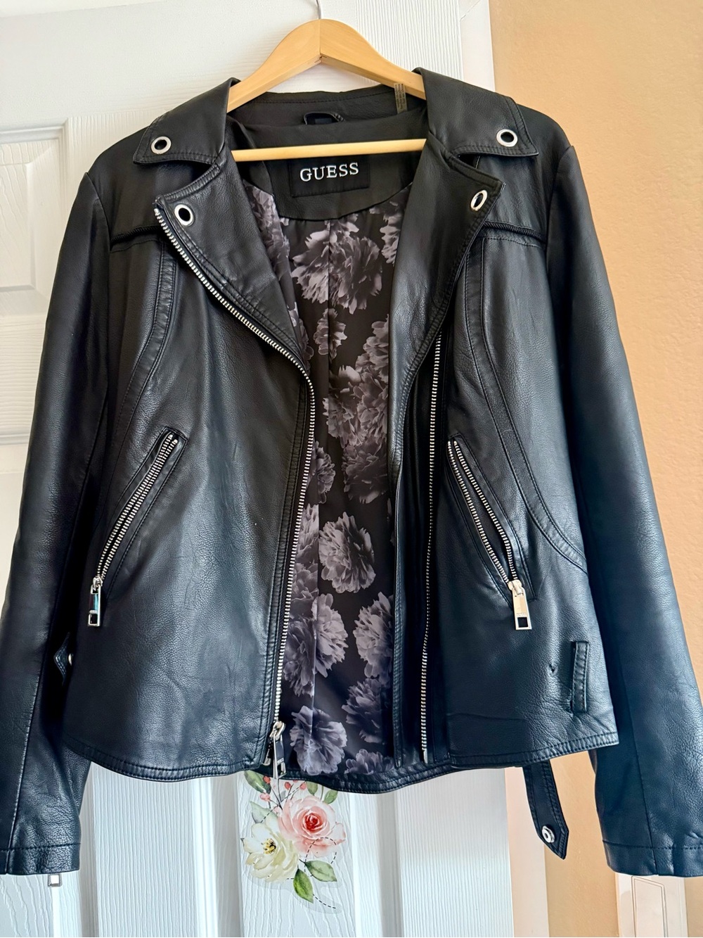 GUESS Black Faux Leather Biker Jacket with Floral Lining